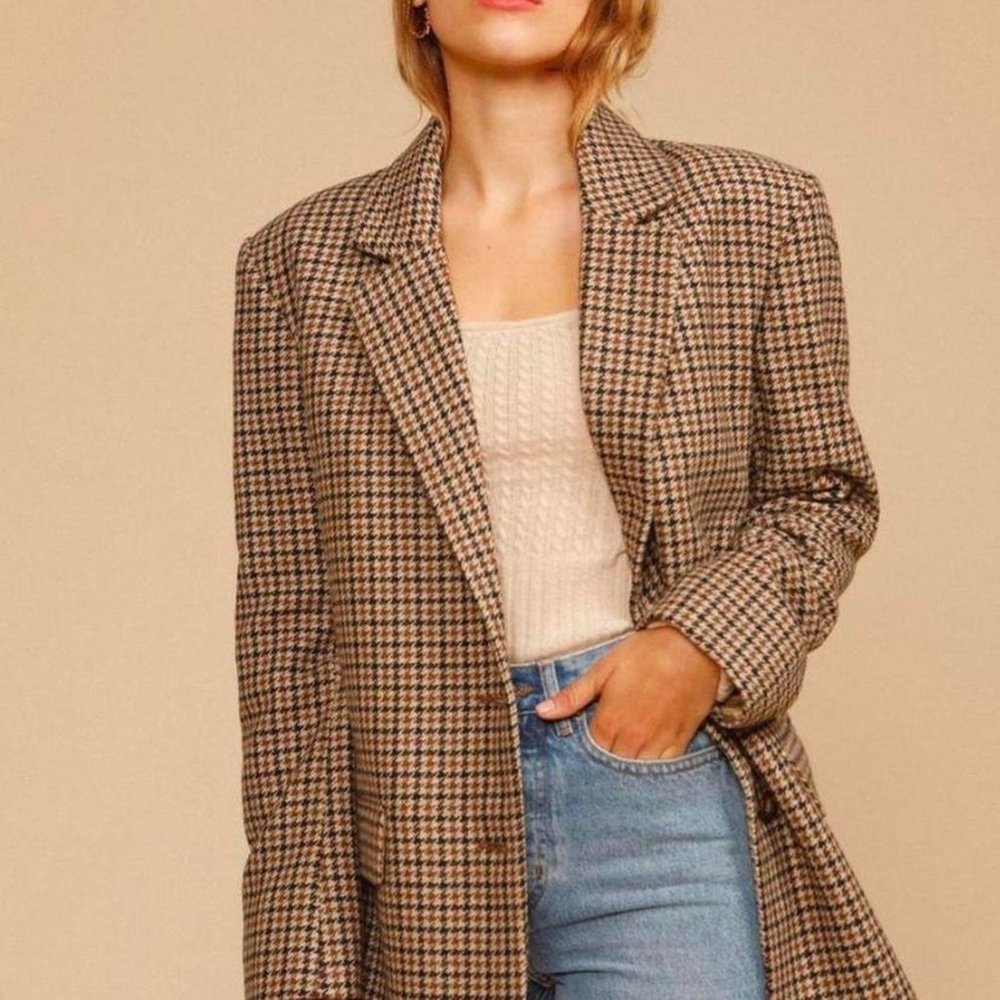 ROUJE PARIS Jacques Oversized Boyfriend Wool Blend Houndstooth Blazer - Picture 1 of 8